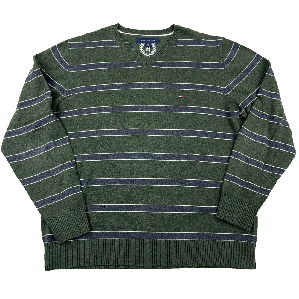 Tommy‎ Hilfiger Sweater Men Medium Olive Green Striped V Neck Lightweight Golf
